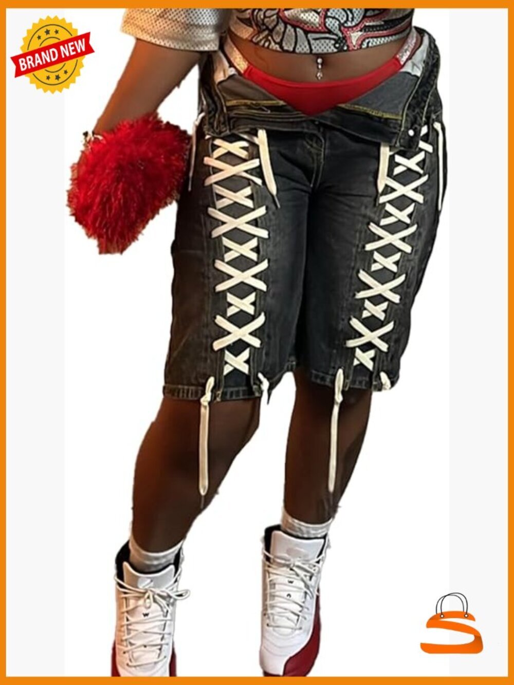 High Waisted Rhinestone Denim Bermuda Shorts with Belt Y2K
